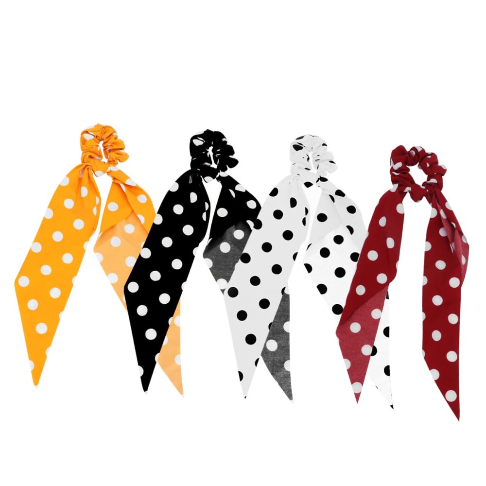 Beatifufu 4pcs Elastic Dot Printed Scrunchies for Women Simple Ponytail Holders with Long Hair Bow Design Random Color Hair Bands for Daily Wear and Special Occasions
