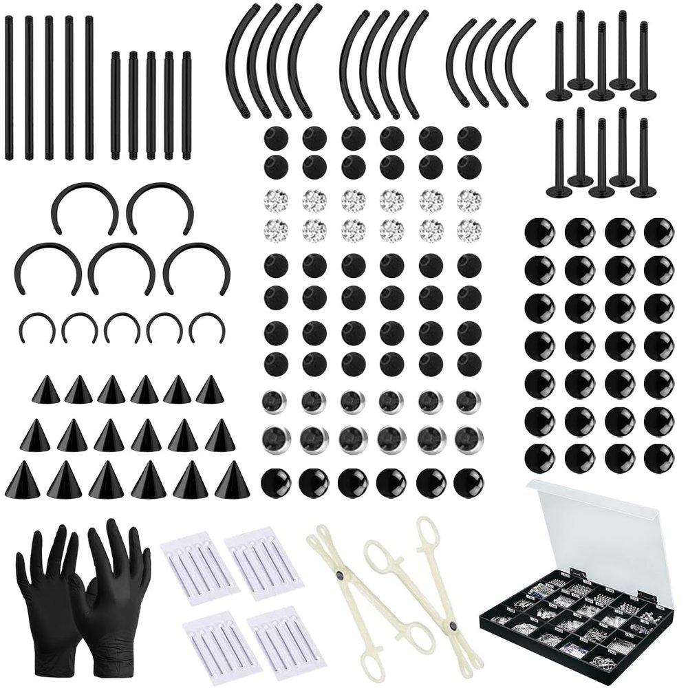 235PCS Septum Piercing Kit for All Body Piercings 14G 16G Horseshoe Circular Barbell for Nose Tongue Lip Ear Eyebrow Cartilage Tragus Helix Daith Piercing Jewelry