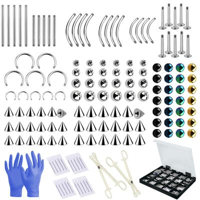 235PCS Body Piercing Kit Jewelry 316L Surgical Steel 14G 16G Tongue Straight Barbells Nipple Piercing Jewelry 14G Catheter Hollow Needles Piercing Tools Kits