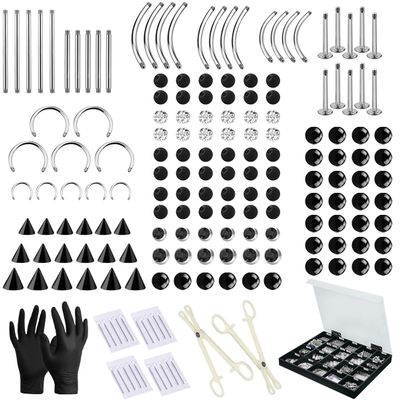 235PCS Body Piercing Kit 14G 16G Labret Flatback Studs Piercing Jewelry Set for Lip Ear Cartilage Tragus Jewelry Needles Tools Clamps