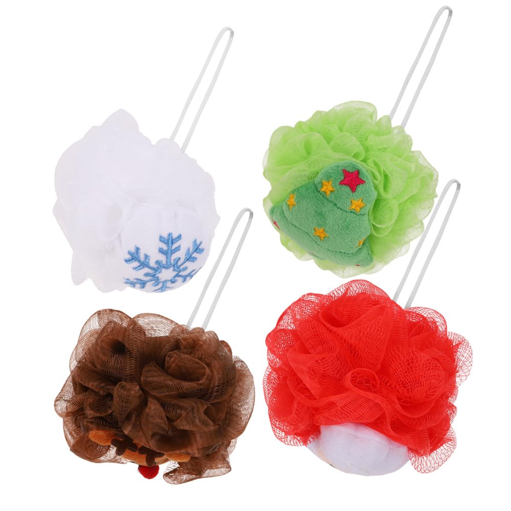 Angoily 4pcs Christmas Bath Creative Santa Claus Body Scrubber for Exfoliating Deep Cleansing Soft Mesh Bath Loofah Santa Snowflake Tree Reindeer