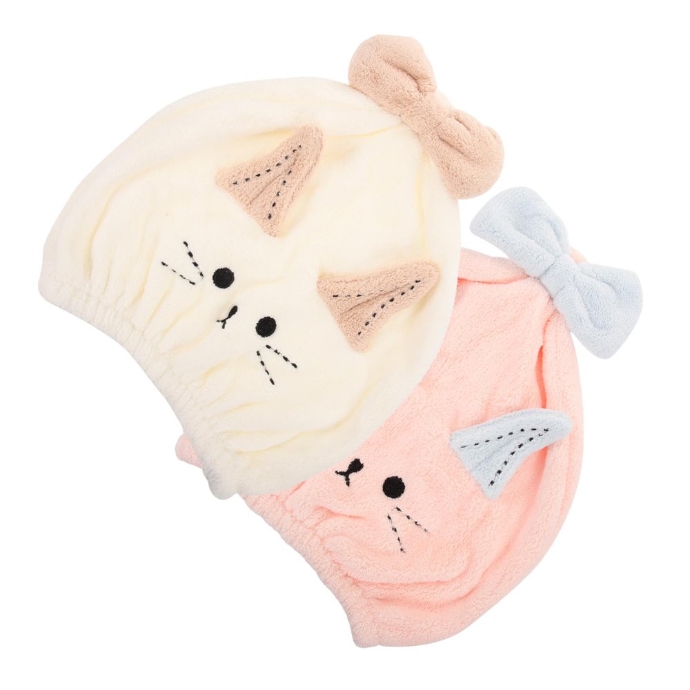 Angoily 2pcs Cartoon Hair Drying Caps Coral Fast Drying Shower Towel Bowknot Design Water Absorbent Hair Wrap for Women Cute Long Ear Cat Pink