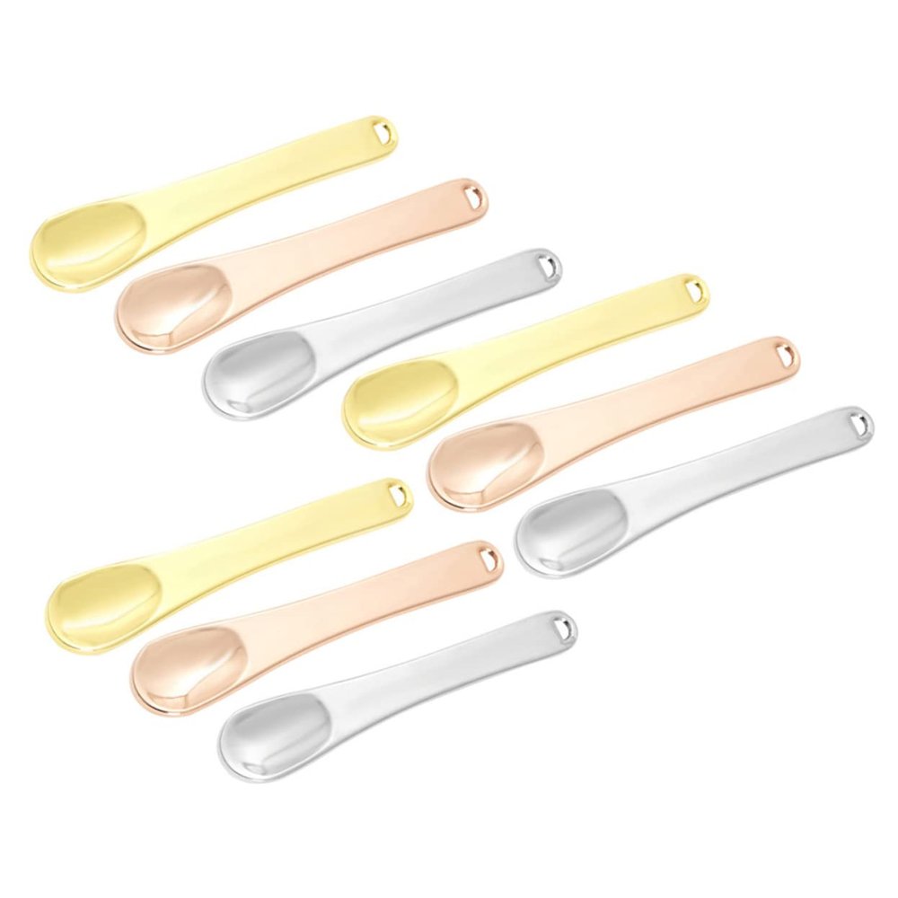 Angoily 9pcs Metal Sampling Spoon for Eye Cream and Facial Masks Cosmetic Mixing Spatulas Gold Silver and Rose Gold Skincare Application and Cream Dispensing
