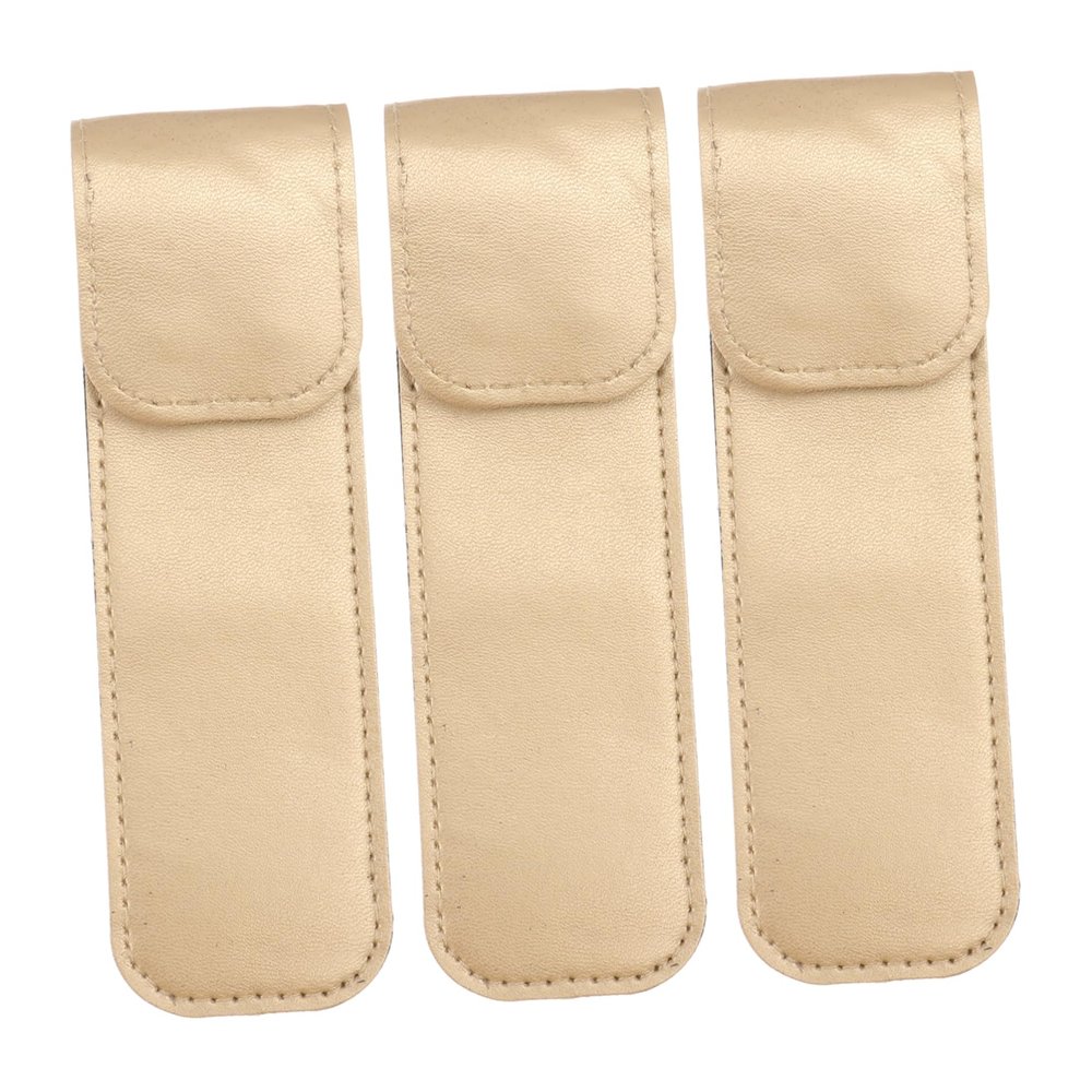 Angoily 3pcs Pu Case Compact Sleeve Grafting Steel Tweezer Eyelash Stainless Leather Protective Cover, Golden, 14.5x4.3cm