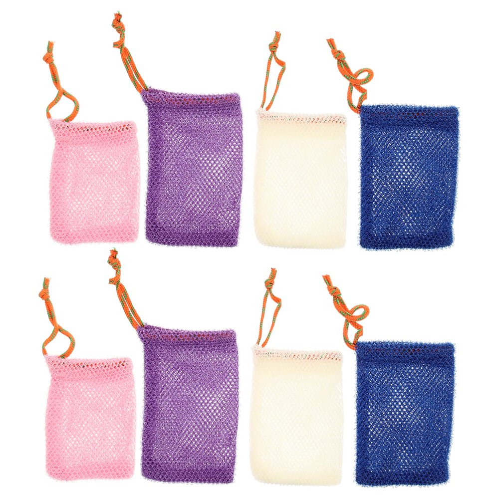 Beatifufu 8pcs Soap Foaming Net Pouch Travel- Bag with Drawstring Closure Quick Drying and Easy to Use for Skin Cleansing and Gift Giving Purple Blue Beige Pink