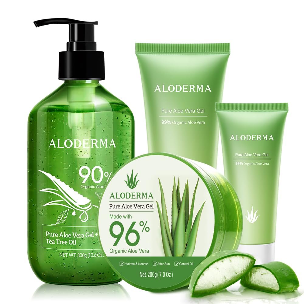 All Purpose Aloe Vera Gel Set - 5 Pieces - 300g Aloe Vera Gel + Tea Tree Oil, 200g Aloe Gel, 2 pcs x 114g Aloe Gel & 45g Gel