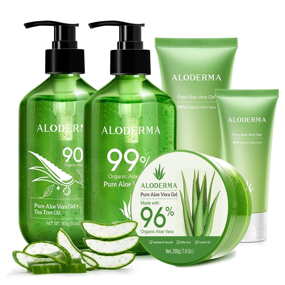 All Purpose Aloe Vera Gel Set - 6 Pieces - 300g Aloe Gel, 2pcs x 300g Aloe Gel + Tea Tree Oil, 200g Gel, 114g & 45g Gels