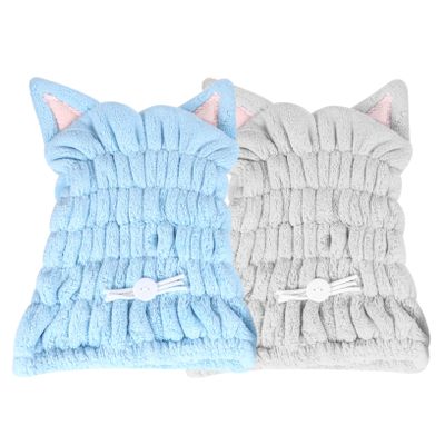 Angoily 2pcs Hair Cap Quick Dry Bath Towel Hat Cat Ears Design Black Safe for Hair Random