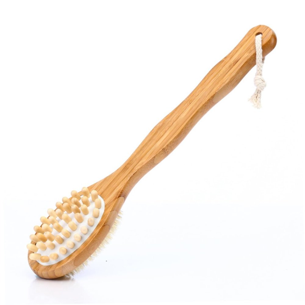 Angoily Long Handle Double-Sided Body Care Brush with Natural Bristles Exfoliating Shower Brush for Skin Cleansing and Spa Back Massage