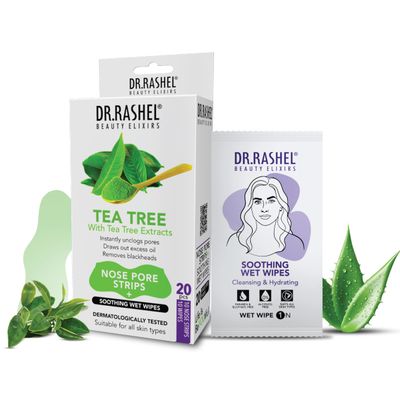 DR.RASHEL Tea Tree Nose Pore Strips For Pore Cleansing, Instant And Painless Blackheads Removal | Deep Purifying Blackhead Remover Strips for Nose | 20 PCS (10 Strips & 10 Wipes)