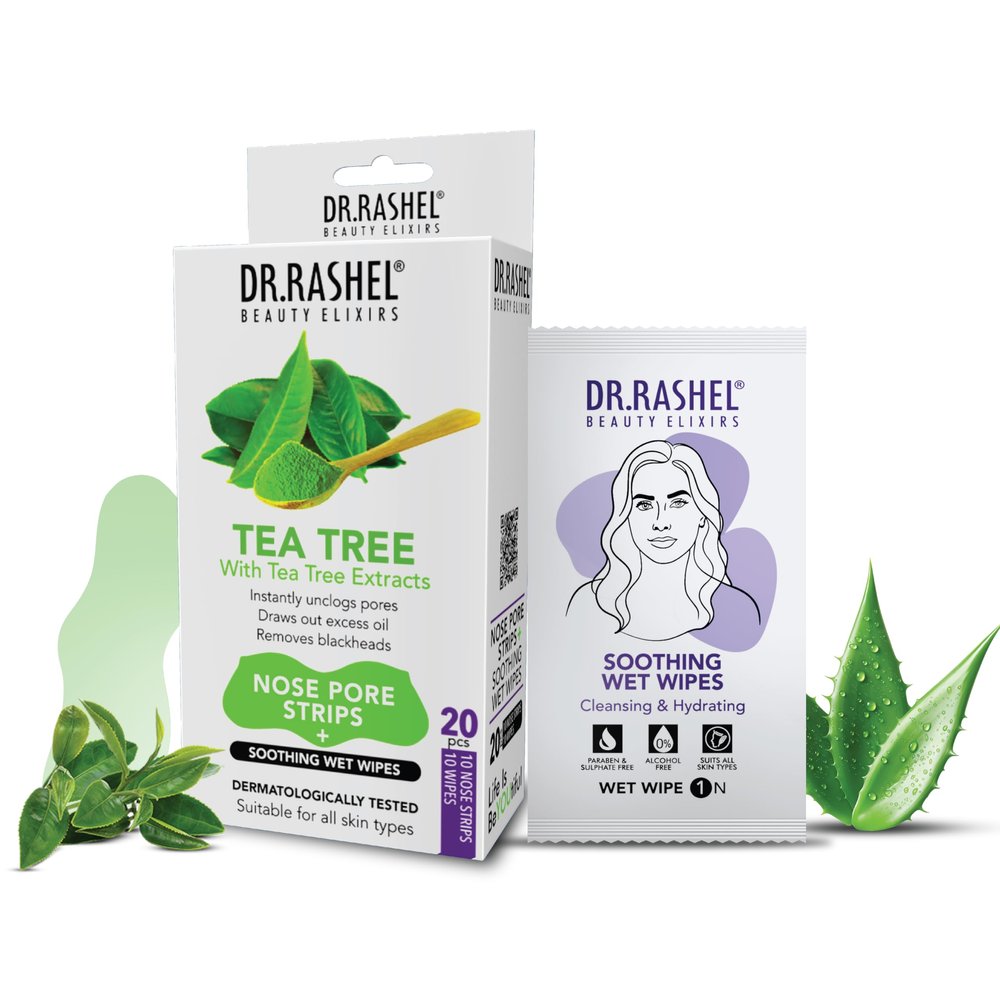 DR.RASHEL Tea Tree Nose Pore Strips For Pore Cleansing, Instant And Painless Blackheads Removal | Deep Purifying Blackhead Remover Strips for Nose | 20 PCS (10 Strips & 10 Wipes)
