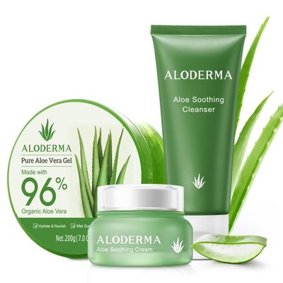 Aloderma Basic Aloe Soothing & Repairing Skin Care Set - 4 Pieces - Soothing Cleanser x2pcs, Soothing Cream, 200g Aloe Vera Gel