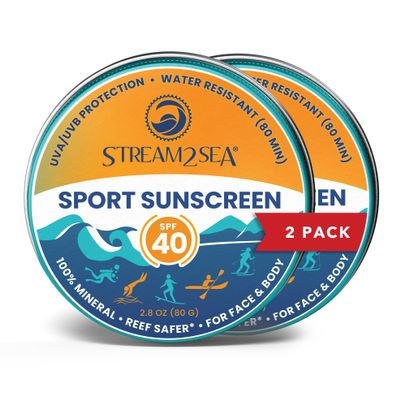 STREAM2SEA SPF40 Unscented Mineral Sport Sunscreen in Tin with EcoSafe Zinc for Face & Body, Natural Organic Biodegradable Non Toxic Coral Reef Safe Sunscreen, Travel Size, Mineral Based, 2 Pack