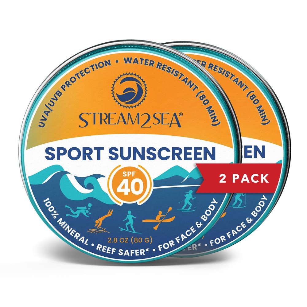 STREAM2SEA SPF40 Unscented Mineral Sport Sunscreen in Tin with EcoSafe Zinc for Face & Body, Natural Organic Biodegradable Non Toxic Coral Reef Safe Sunscreen, Travel Size, Mineral Based, 2 Pack