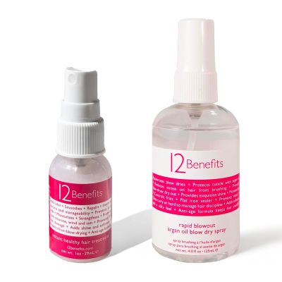 12 Benefits Instant Healthy Hair Treatment (1 Fl Oz) & Rapid Blowout Argan Oil Spray (4 Fl Oz) Set - Smoothes Frizz, Detangles, Protects against Heat Damage, Nourishes + Blow Dries