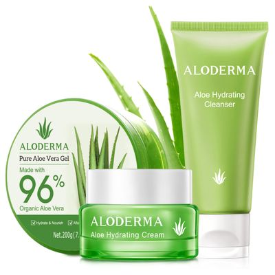 Aloderma Basic Aloe Hydrating Set - 4 Pieces - Hydrating Cleanser, Hydrating Cream, 200g Aloe Vera Gel x 2pcs
