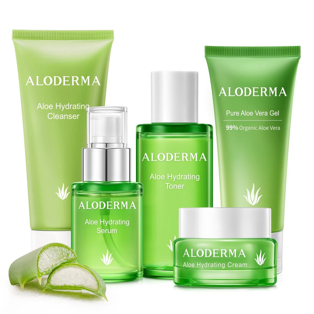 Aloderma Signature Aloe Vitality Hydrating Set - 6 Pieces - 114g Gel x 2pcs, Cleanser, Toner, Serum, Cream