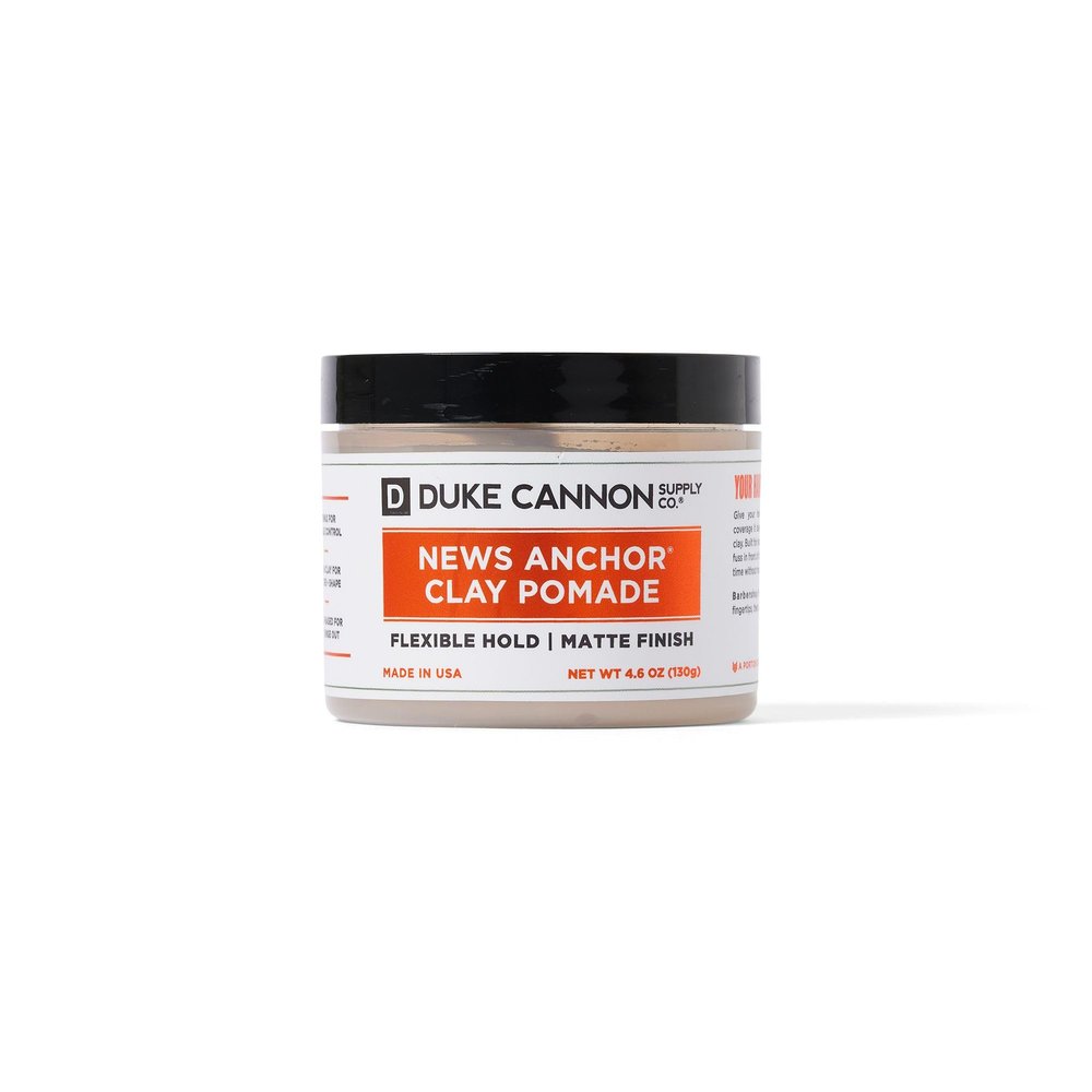 Duke Cannon News Anchor Clay Pomade, 4oz  Flexible Hold, Matte Finish, Shea Butter, Coconut Oil & Beeswax for All Hair Types, Non-Greasy Styling for Men