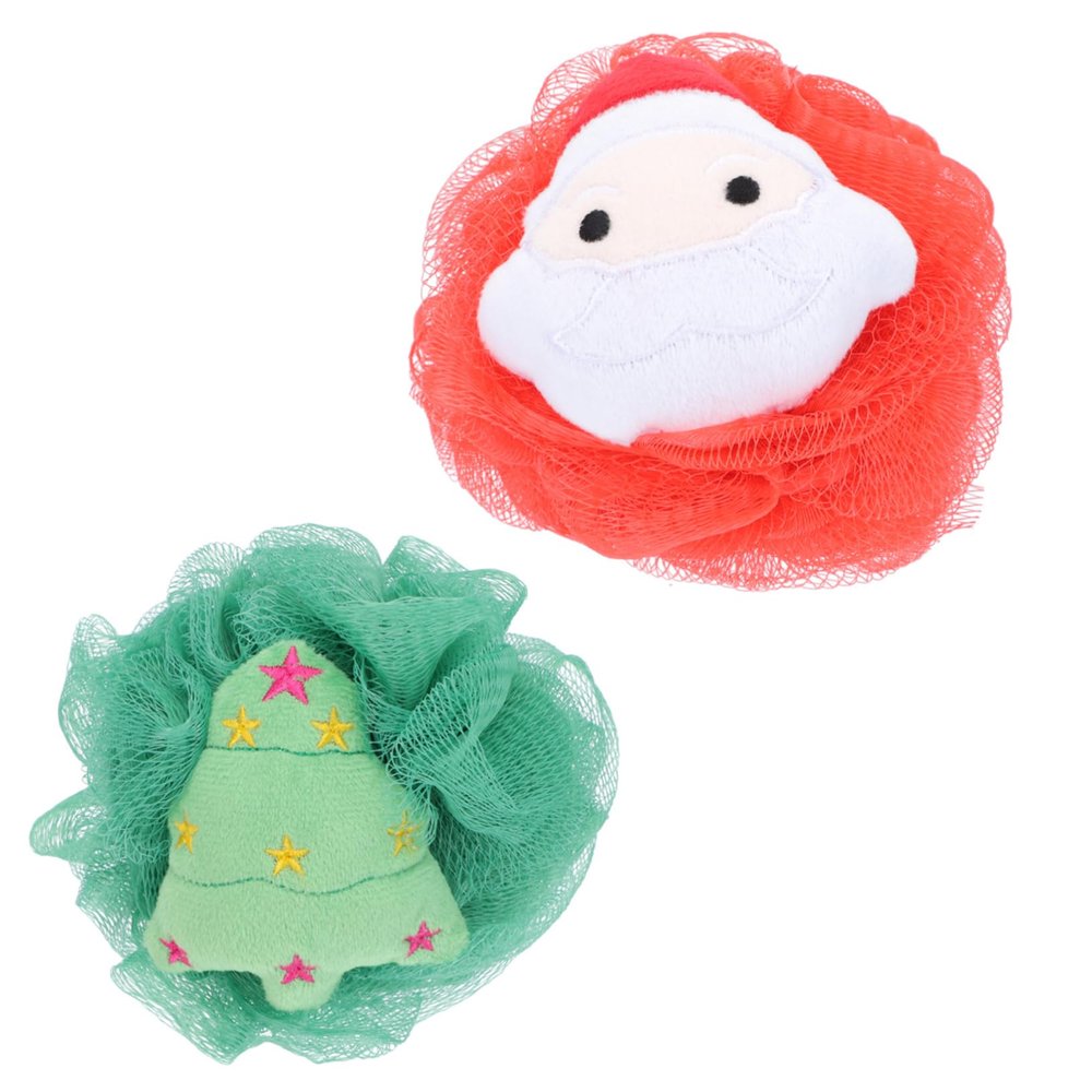 Angoily 2pcs Christmas Bath Holiday Shower Poufs for Skin Exfoliation Fun Santa Tree Design for Boys and Girls Bathing for Relaxation and Cleansing