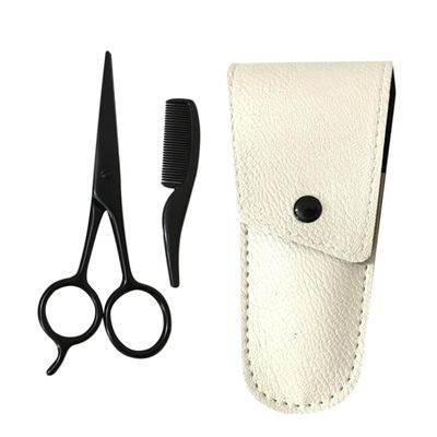 MERRYHAPY 3pcs Stainless Steel Beard Scissors Set for Precision Grooming Includes Black Scissors Apricot Leather Sheath and Small Comb Beard Care Tool for Men