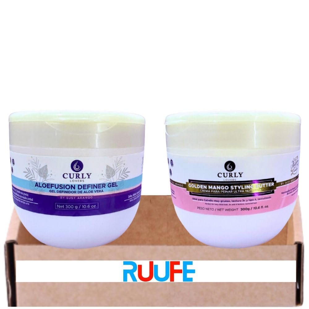 RUUFE Gel definidor de Aloe Vera y Cema para peinar de Mango (2 Pack) Curly Lovers Gel definidor, Curly Lovers crema para peinar de mantequilla de mango, Curly Lovers Kit Definicion Extra Control
