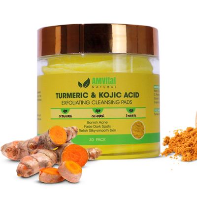 AMVital Turmeric Kojic Acid Cleansing Pads - Gently Exfoliates, Brightens & Evens Skin Tone - Hydrating Turmeric Exfoliating Cleansing Pads for Face - Nourishing Kojic Acid Cleanser