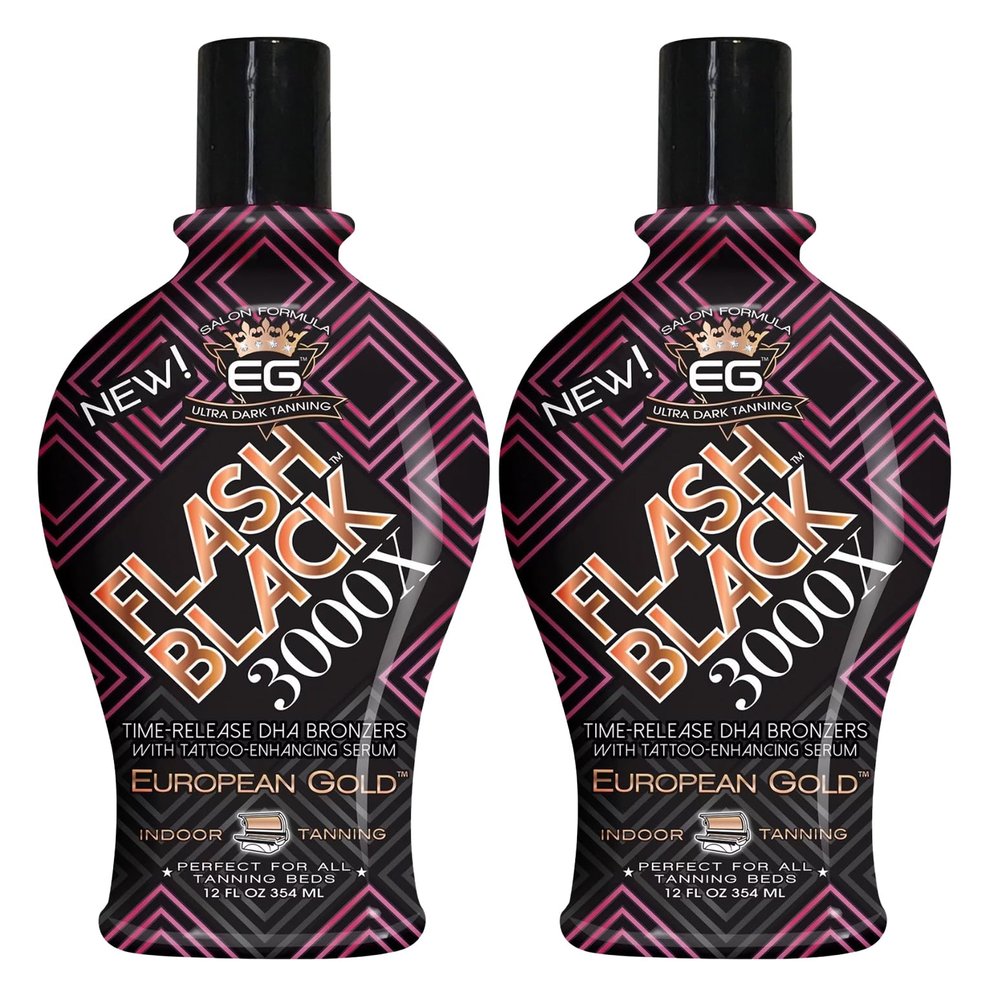 Set of 2: European Gold Flash Black 3000X Indoor Tanning Lotion with Time-Release DHA Bronzers, 12 oz