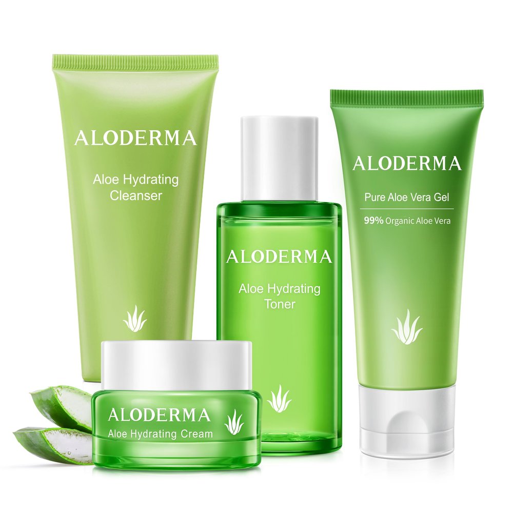 Aloderma Essential Aloe Hydrating Skin Care Set - 5 Pieces - Gel, Cleanser x2pcs, Toner, Cream