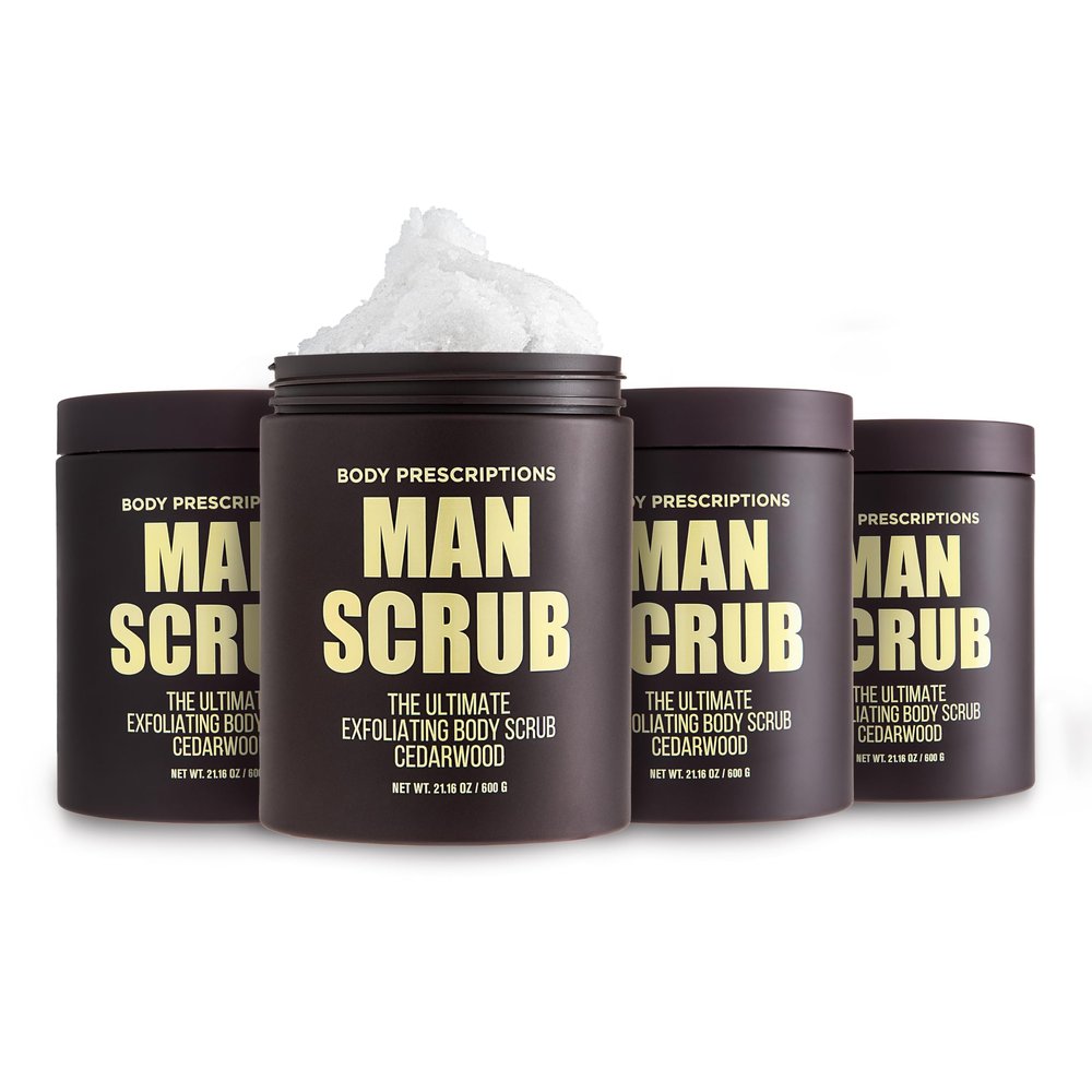 Body Prescriptions Mens Exfoliating Body Scrub  Ultimate Skin Cleansing Wash in Jar with Twist-Top Lid, For All Skin Types, 21 Ounce (Pack of 4), Cedarwood
