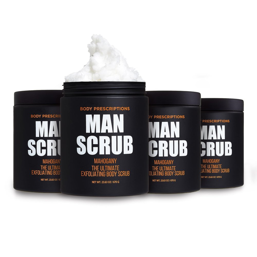 Body Prescriptions Mens Exfoliating Body Scrub  Ultimate Skin Cleansing Wash in Jar with Twist-Top Lid, For All Skin Types, 21 Ounce (Pack of 4), Mahogany