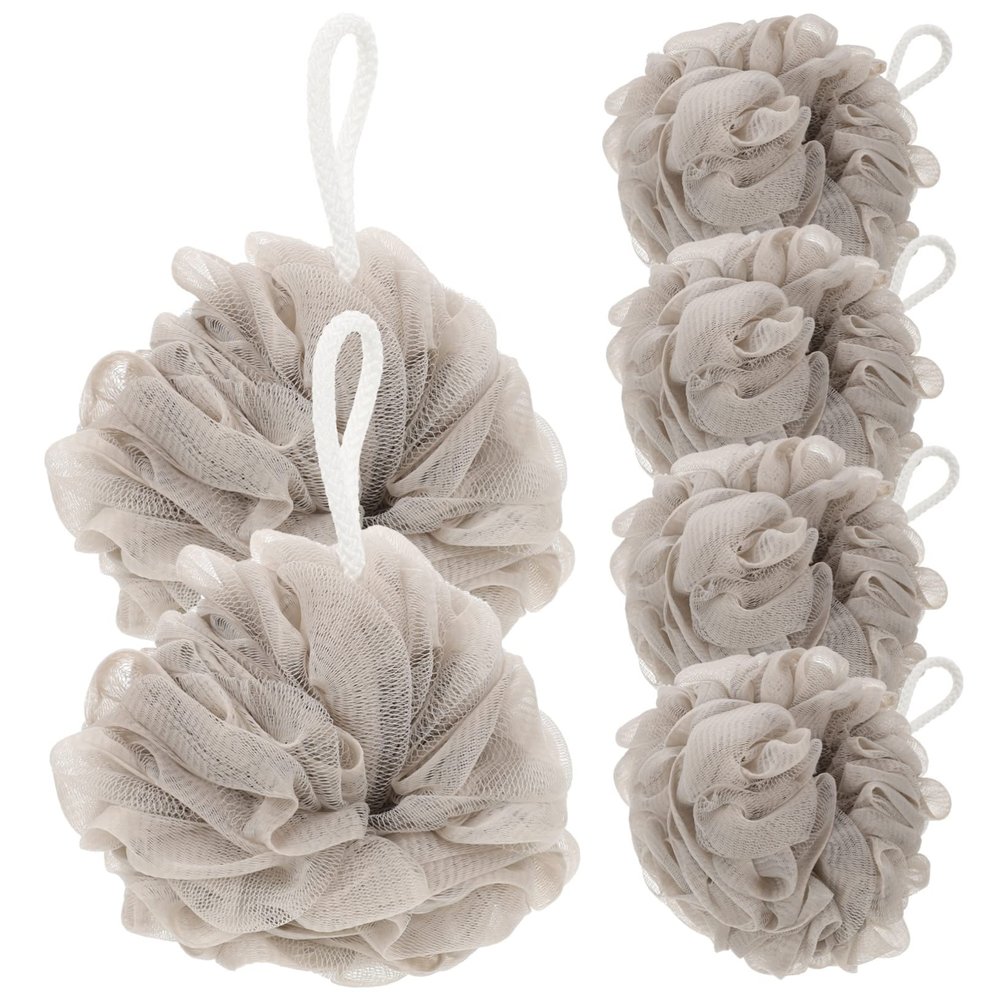 Ipetboom 6pcs Portable Bath Sponges with Lanyard Mesh Bathing Balls for Deep Cleansing Exfoliation Travel-Friendly Shower Loofah Khaki