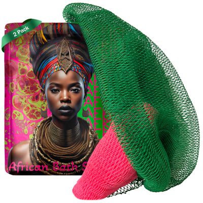 AFRIKI African Net Sponge  Exfoliating Body Scrubber, Black Owned & Rooted in Africa, All Skin Types | 45 in Long (Pink & Green)