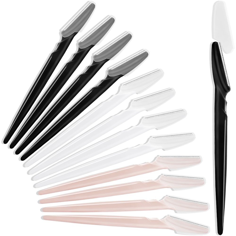 12 Pcs Eyebrow Razors, Face Razors Multipurpose, Exfoliating Dermaplaning Tools, Eyebrow Trimmers Shaver with Protective Cover, Facial Hair Removal for Women Men Body Use, Black, White, Light Pink