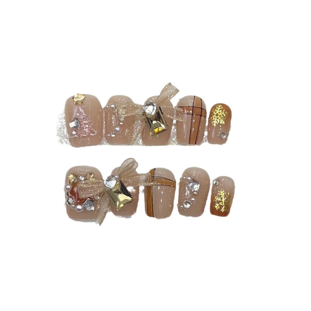 Handmade Christmas Wearing Armor Handmade Light Luxury Style Christmas Tree Bow Nail Patch Short False Nails (Size : L)