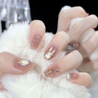 ENZEBAOFU Handmade nail art wearing fake nail patches rabbit nail art detachable pink (Size : M)
