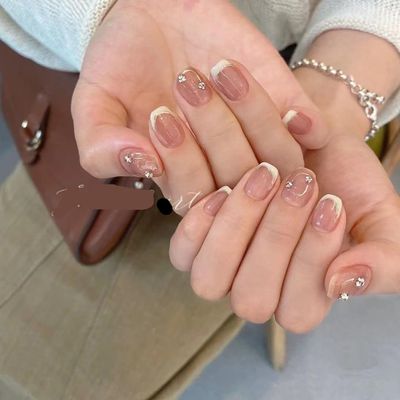 Handmade nail art Wearing nail stickers, short French style sparkling diamond light luxury nude nail art (Size : S)