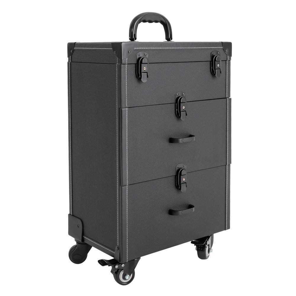 CHALIGHT Professional Rolling Makeup Case Train Case Portable Cosmetic Organizer Trolley Lockable Rolling Make-ups Case Storage Cart Makeup Train Case Cosmetology Case On Wheels (Black|3 trays)