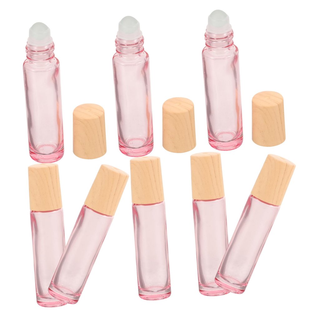 FRCOLOR 8pcs Refillable Essential Oil Roller Bottles Compact Pink Glass with Wood Grain Cap Perfume Sub Bottles for Travel and Daily Use
