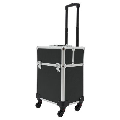 CHALIGHT Professional Rolling Makeup Case Train Case Portable Cosmetic Organizer Trolley Lockable Rolling Make-ups Case Storage Cart Makeup Train Case Cosmetology Case On Wheels (Black|2 trays)