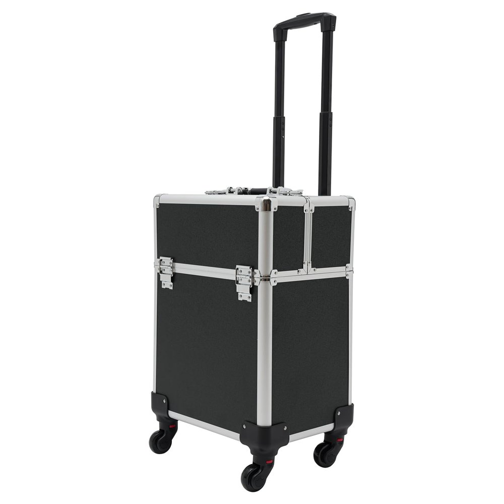 CHALIGHT Professional Rolling Makeup Case Train Case Portable Cosmetic Organizer Trolley Lockable Rolling Make-ups Case Storage Cart Makeup Train Case Cosmetology Case On Wheels (Black|2 trays)