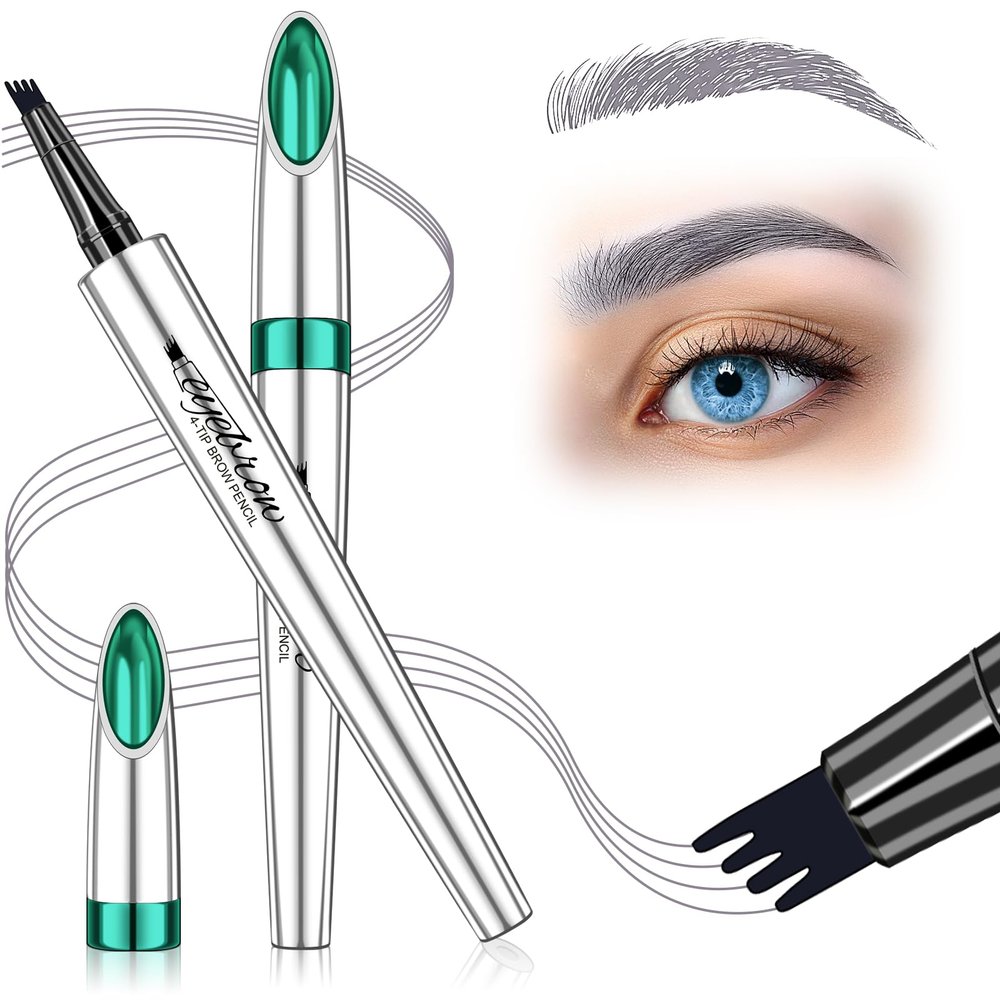 Microblading Eyebrow Pen, Waterproof Gray Eyebrow Pencils for Older Women Soft Hair Like Natural Liquid Four Forks Tip Brow Pencil, Grey