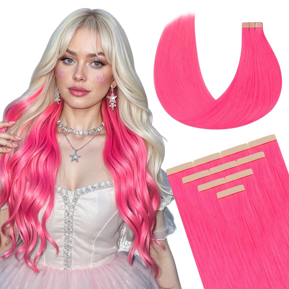 DOORES Hair Extensions Real Human Hair, Hot Pink 20 Inch 30g 10pcs, Tape in Remy Straight Natural Hair for Women Skin Weft Hair Extensions