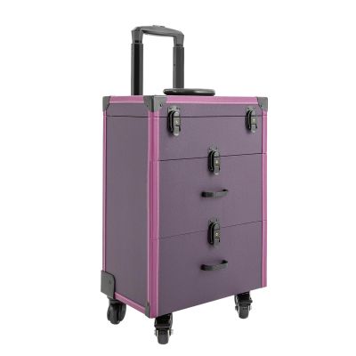 CHALIGHT Professional Rolling Makeup Case Train Case Portable Cosmetic Organizer Trolley Lockable Rolling Make-ups Case Storage Cart Makeup Train Case Cosmetology Case On Wheels (Purple|3 trays)