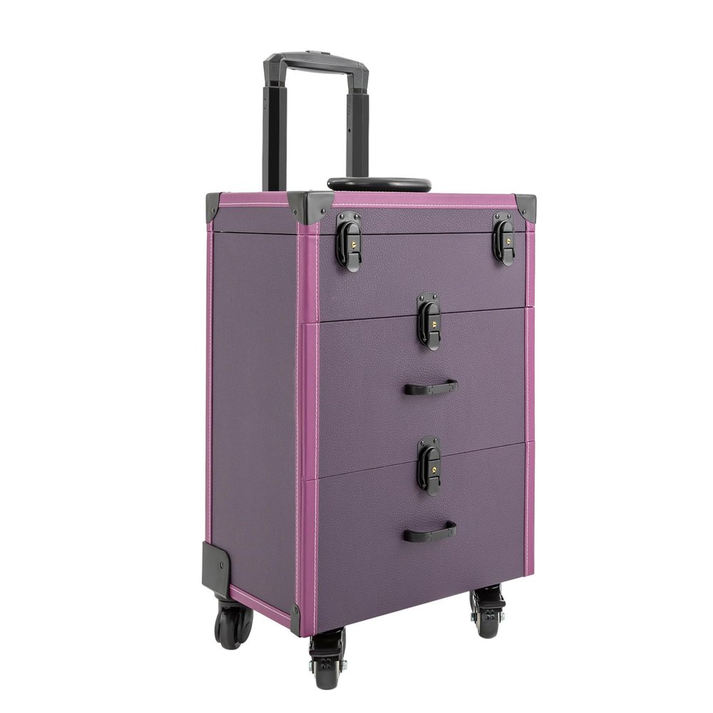CHALIGHT Professional Rolling Makeup Case Train Case Portable Cosmetic Organizer Trolley Lockable Rolling Make-ups Case Storage Cart Makeup Train Case Cosmetology Case On Wheels (Purple|3 trays)
