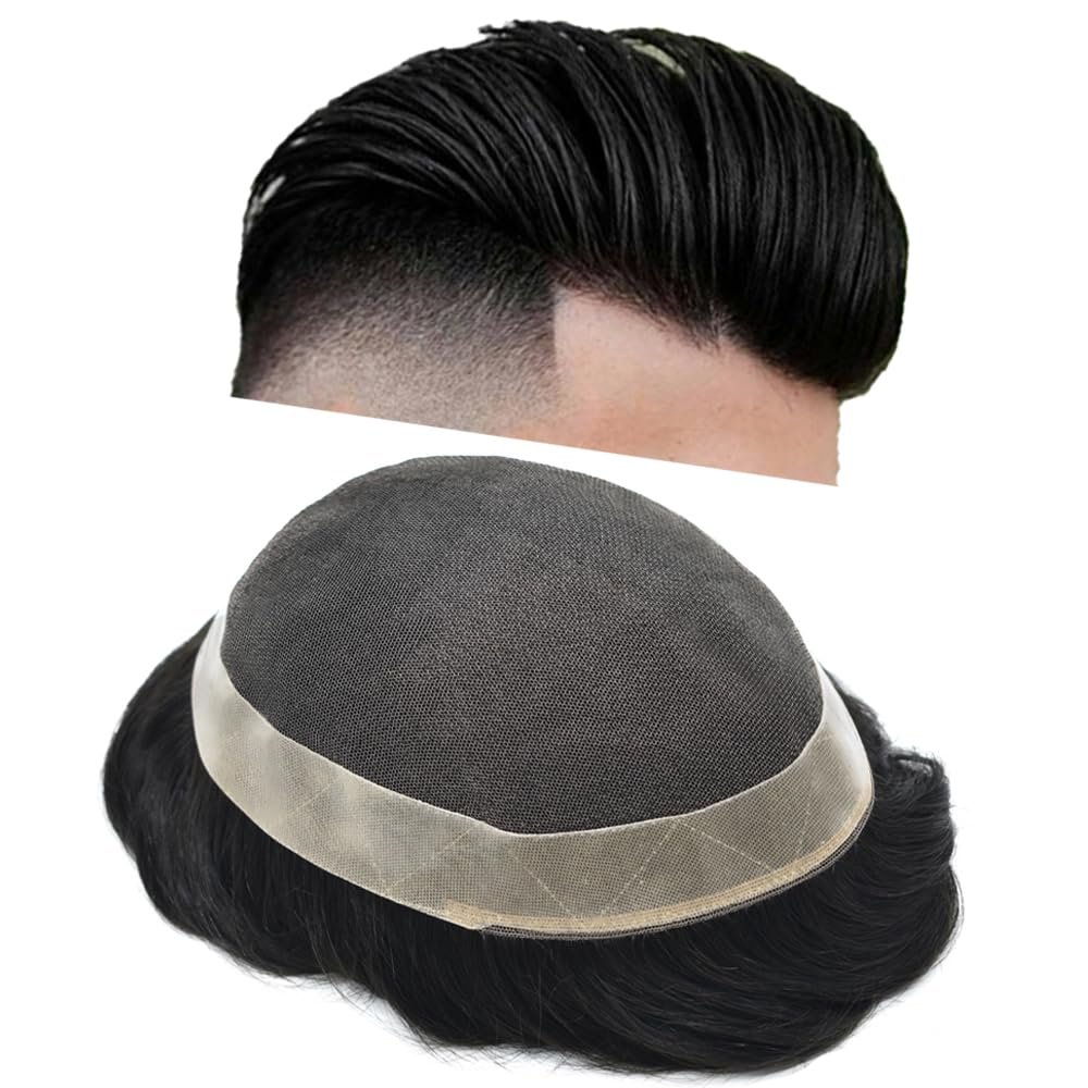 Hair Wonders Men's Toupee Virgin Human Hair Piece Breathable Toupee For Men Hair Replacement Mens Hairpiece Hair System For Men Toupee 7X10#1B Off Black 120% Density