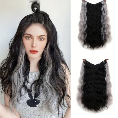 Fashional Hairpiece Hair extension Natural Wavy One Piece Four Clips 22inch High Temperature Fiber for Woman (Dark brown)