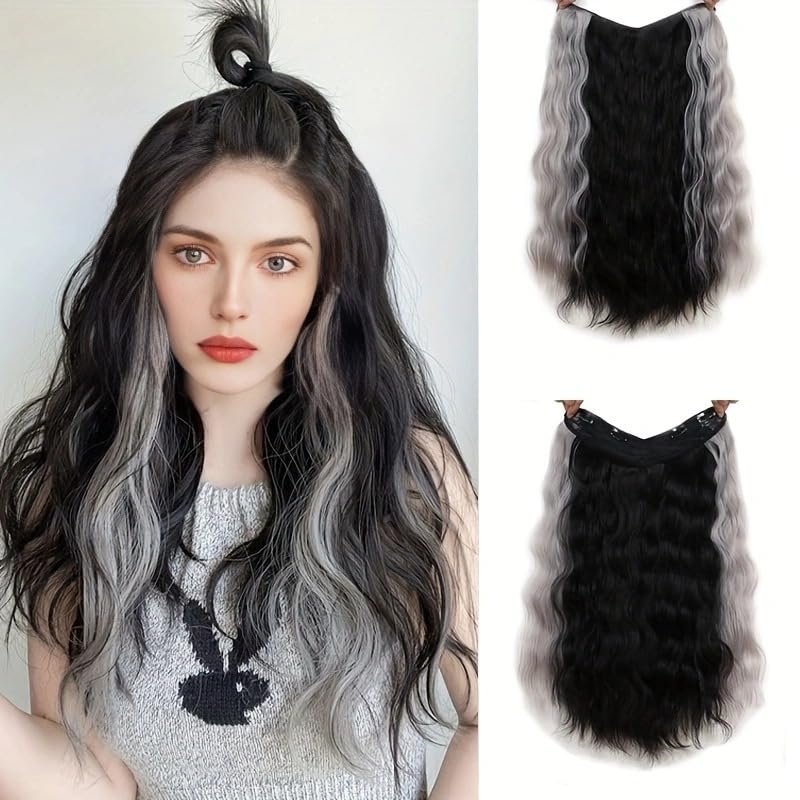 Fashional Hairpiece Hair extension Natural Wavy One Piece Four Clips 22inch High Temperature Fiber for Woman (Dark brown)