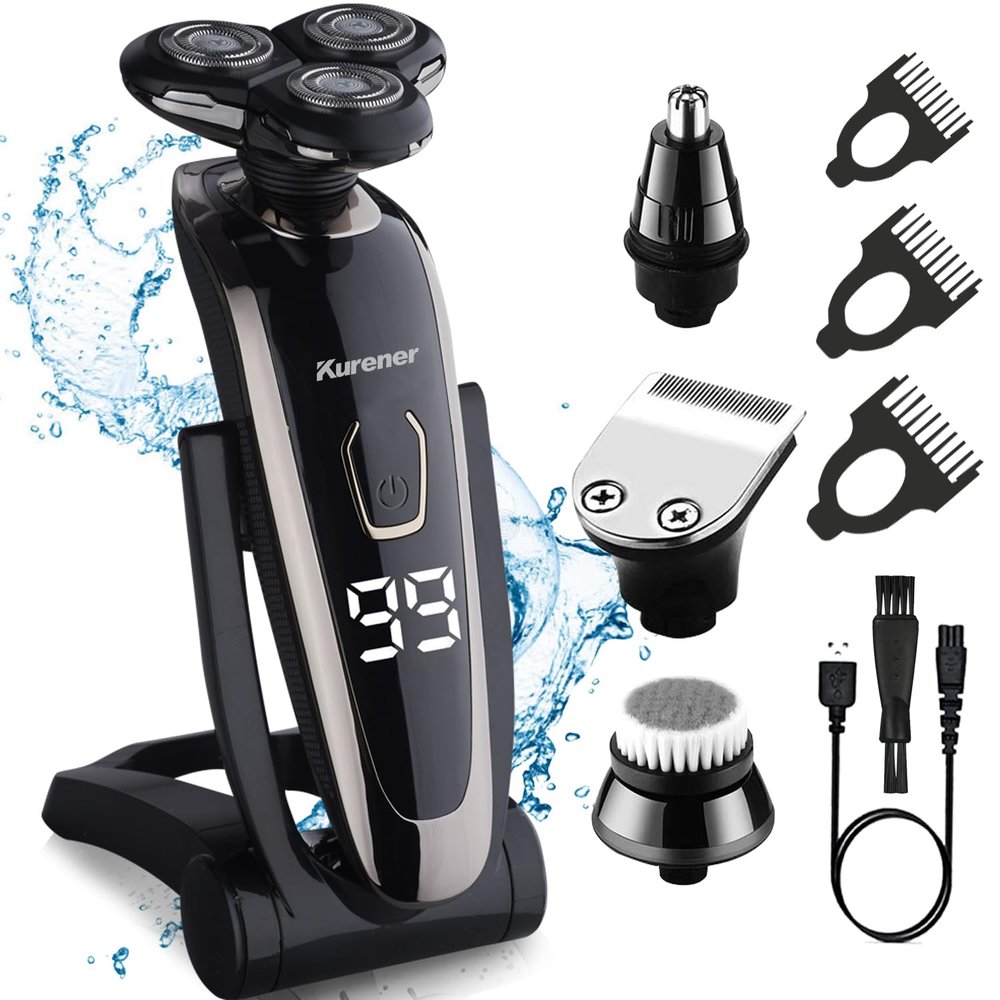Electric Razor for Men Shaver Rechargeable Waterproof Rotary for Shaving with Nose Trimmer Sideburns Trimmer Face Cleaning Brush