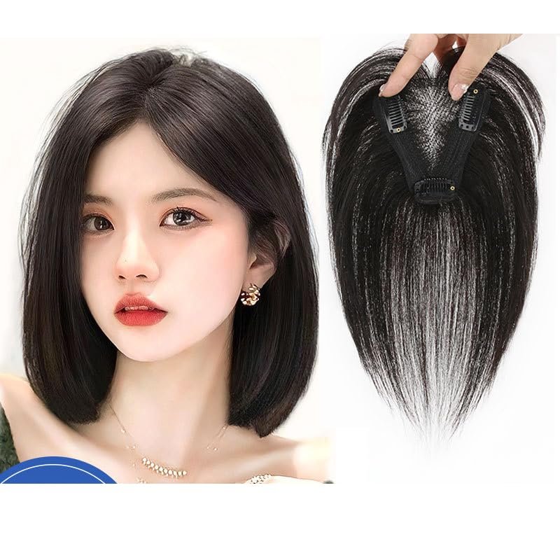 10inch Straight Hand Tied Human Hair French with Bangs Light for Woman One Piece Clip in Hair Toppers 9x10 (Natural color,with bangs-10inch)