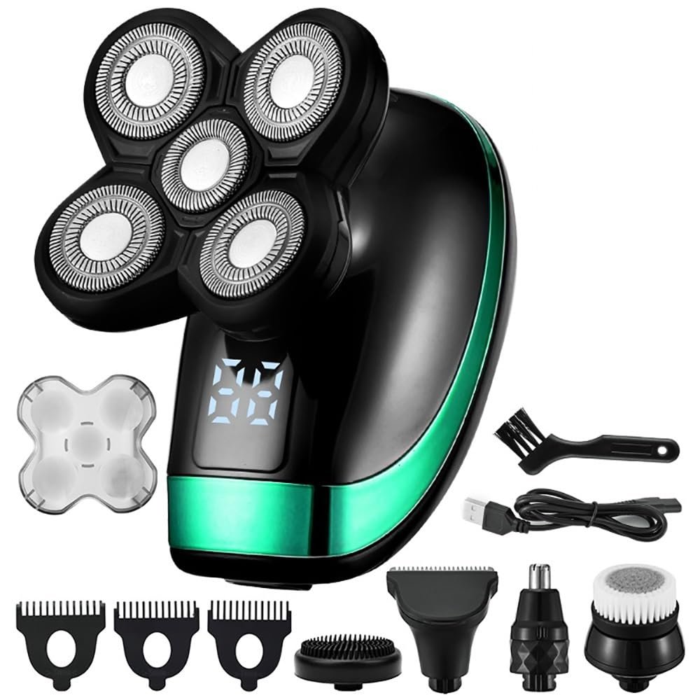 EKHOU Head Shavers for Bald Men, 4D Men's Rechargeable Bald Head Electric Shaver 5 Floating Heads Beard Nose Ear Hair Trimmer Razor Clipper Facial Brush, 5-in-1-green